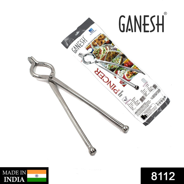 Stainless steel kitchen tongs by Ganesh, 8mm, close-up view.