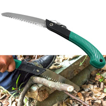 Folding saw for tree trimming and wood cutting, compact and versatile for outdoor use.