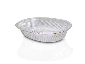 Silver gift tray with an ornate royal design, oval shape.